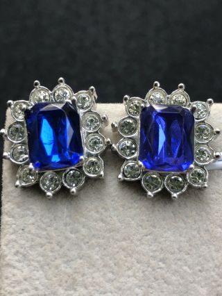 Gorgeous Designer Vintage Sapphire Blue Clear Rhinestone Earrings