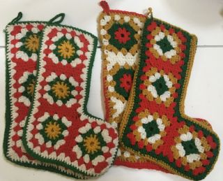 4 Vintage Crochet Christmas Stockings Granny Square Green Red Gold White