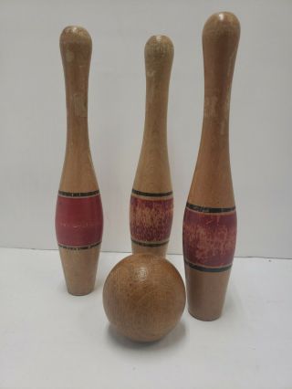 Vintage 10 " Wood Bowling Pins (3) Red And Green Stripes,  One Wood Ball Decor