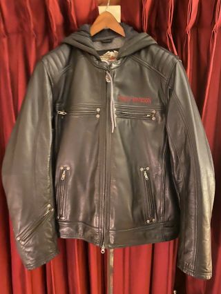 Near Vintage Harley Davidson Leather Riding Coat With Removeable Hoodie Xl
