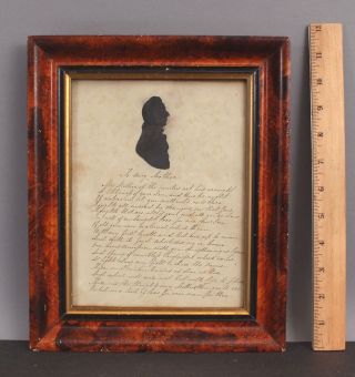 Antique 19thc Miniature Folk Art Silhouette & Poem,  Exceptional Painted Frame Nr