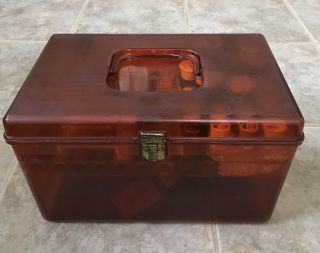 Vintage 70’s Wilson Wil - Hold Amber Sewing Box W/2 Trays & Supplies