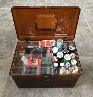 Vintage 70’s Wilson Wil - hold Amber Sewing Box w/2 Trays & Supplies 2