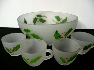 Vintage Federal Glass Frosted Holly Punch Bowl 4 Mugs Mcm Retro Holiday 1950s