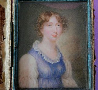 Antique Early 19th Century Cased Hand Painted Portrait Miniature Of A Young Lady