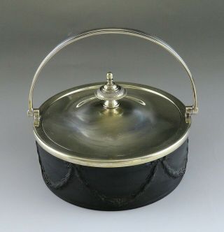 Antique Wedgwood Black Basalt Jasperware Silverware Tea Or Biscuit Basket Jar