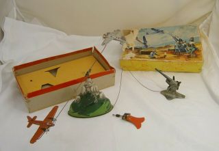 Antique Tin Tippco Hausser Military Airplane Germany 1930s Box And A Fish Tai