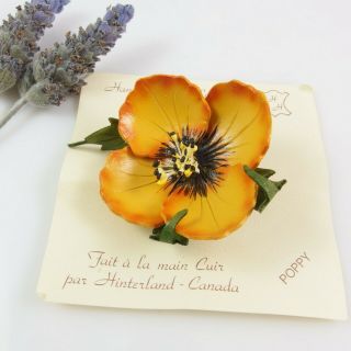 Vintage Handcrafted Leather Orange Poppy Flower Broooch - Hinterland Canada