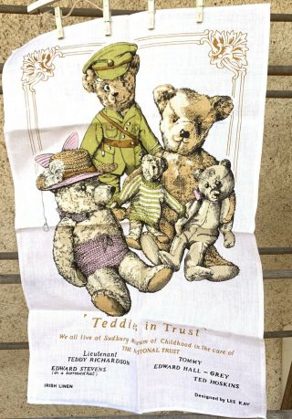 Vintage Pure Irish Linen Tea Towel National Trust Teddies Sunbury Museum