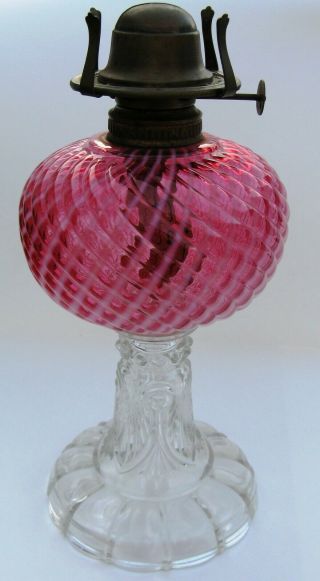 Antique Eapg Cranberry White Swirl Glass Oil Lamp Base