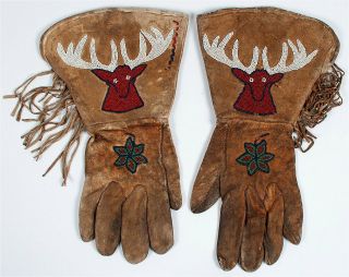 1910 Pair Native American Shoshone Indian Elk Head Bead Decorated Hide Gauntlets