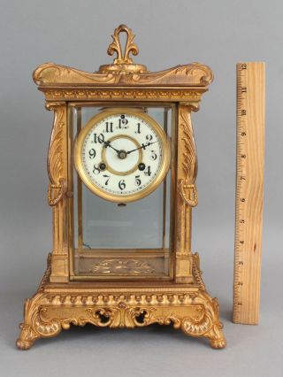 Antique Waterbury Art Nouveau Gold Gilt Bronze,  Crystal Regulator Mantle Clock 2