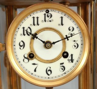 Antique Waterbury Art Nouveau Gold Gilt Bronze,  Crystal Regulator Mantle Clock 3