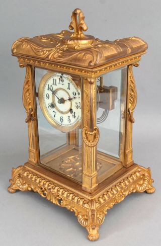 Antique Waterbury Art Nouveau Gold Gilt Bronze,  Crystal Regulator Mantle Clock 4