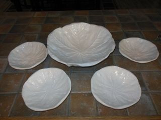 Set Of 5 White Leaf Ceramic Salad & Serving Bowls Vintage Unique Design