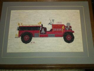 16 In X 12 In Vintage Cross Stitch Framed Picture Of A Fire Truck