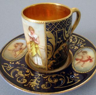 Antique Royal Vienna Hp Porcelain Demitasse Cup,  Saucer Maiden,  Cherubs Gilt