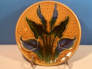 Antique Majolica Plate Blue Calla Lily Flowers Plate C.  1880 