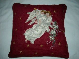 Vintage Wool Needlepoint Red Throw Pillow Christmas Angels Mother & Child Petit
