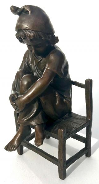 Lovely Vintage Bronze Figure Of A Yound Girl Sat On A Chair Antique Style Statue