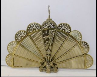 Victorian Antique Goddess Brass Peacock Folding Fire Screen Stand,  46” W 32” H