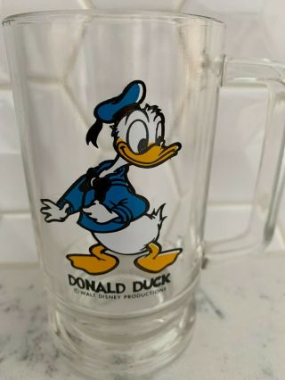Vintage Walt Disney Productions Donald Duck Clear Glass Mug Cup Stein - 1970s