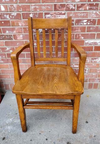 Antique Vtg Solid Oak Bankers Office Chair Roll Top Desk Library Lawyers Arm Cha