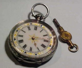 Quality.  935 Fine Antique Silver Hallmark Key Wind Gold Enamel Face Pocket Watch