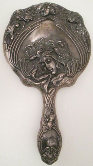Art Nouveau Unger Brothers Hand Mirror & Brush Woman & Flowers 2