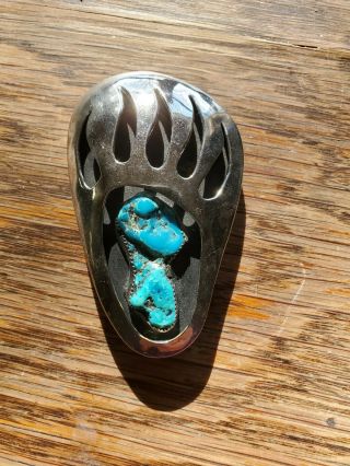 Bc Signed Vintage Turquoise Bear Paw Claw Nickle Silver Or Plate Belt Buckle