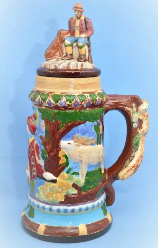 Vintage Very Large Beer Stein With Lid Hunter And Dog Figurine On The Top