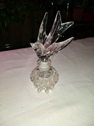 Vintage Clear Cut Glass Perfume Bottle W Large Bird Stopper Dauber