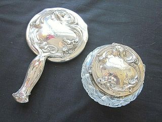 Repousse Set Art Nouveau Woman Hand Mirror Dresser Box Sterling Silver Cut Glass