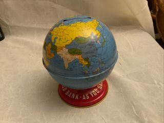 Vintage Ohio Art Co.  Tin World Globe Bank,  As You Save So You Prosper World Bank