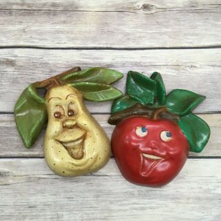 Vintage Ceramic Anthropomorphic Pear And Apple Wall Pockets