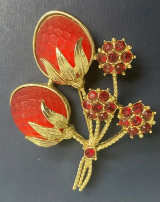 Vintage Sarah Coventry Red Poured Glass Strawberry Rhinestones Gold Tone Brooch