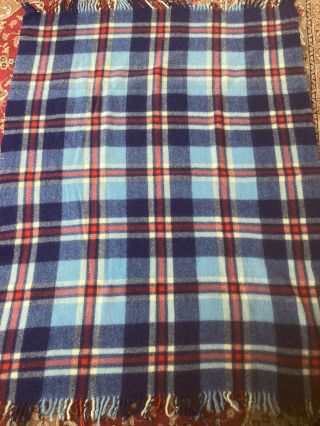 Vtg Troy Robe Plaid 58” X 44” Wool Throw Blanket Lap Car Stadium Blue Red 50s
