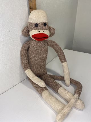 Vintage Old Sock Monkey Plush Stuffed Toy Button Eyes