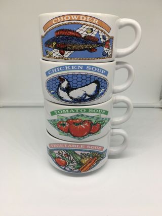 Set Of 4 Vintage Country Style Soup Recipe Ceramic Mug Crock Bowls W/handle