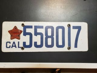 1916 - 1919 California Porcelain License Plate W/ Matching Star Auto Tag 1917 1918