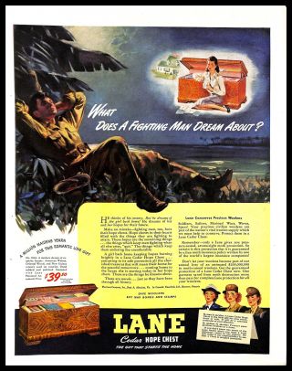 1943 Lane Cedar Hope Chest Furniture Vintage Print Ad Soldier Ww2 Ocean Romantic