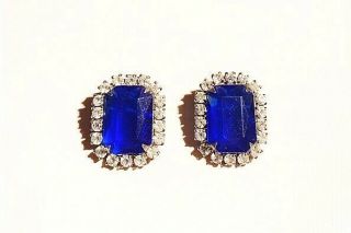 Vintage Jewelry - 1960s Blue Emerald Cut Crystal White Rhinestone Frame Earrings