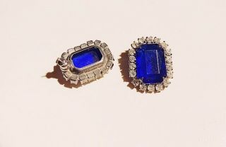 VINTAGE JEWELRY - 1960s Blue Emerald Cut Crystal White Rhinestone Frame Earrings 2