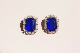 VINTAGE JEWELRY - 1960s Blue Emerald Cut Crystal White Rhinestone Frame Earrings 3