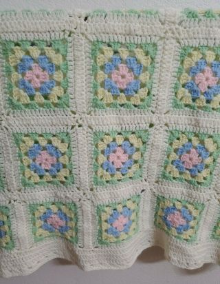 Vintage Handmade Crochet Baby Blanket Pastel Pink Blue Yellow Green Off - White