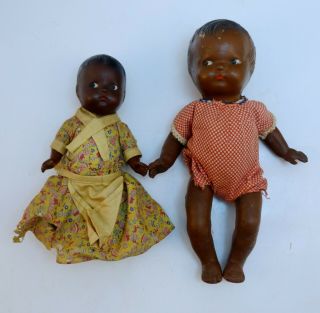 2 Antique African American,  Black Baby Dolls.  11.  5 " & 9 ",  1920s 1930s