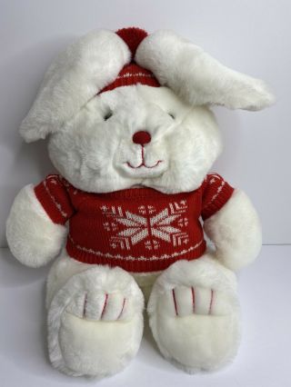 Vtg 1987 Mervyn Christmas White Bunny Rabbit Stuffed Animal Plush Hat Sweater 18