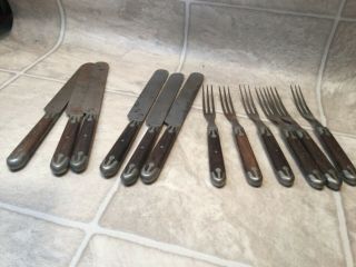 Antique Civil War Era 3 Prong Forks Knives Wood &metal Inlay 12 Pc Beaverfalls