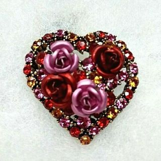 Vintage Heart Brooch Pin Red Pink Orange Rhinestones Red Pink Roses 1.  5 " Love