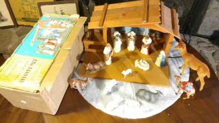 Vintage Christmas Nativity Set Figurines Wood Manger Hong Kong Mcm Danish Decor
